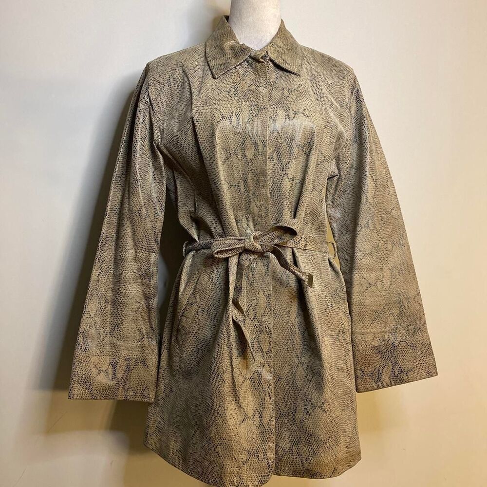 y2k vintage Express brown & tan snake print real  leather trench coat